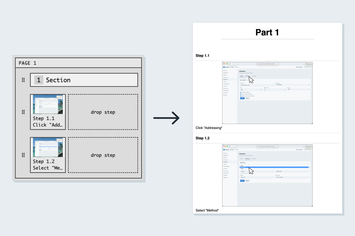A page in the Arrange panel holding two steps, and the same page as it prints.