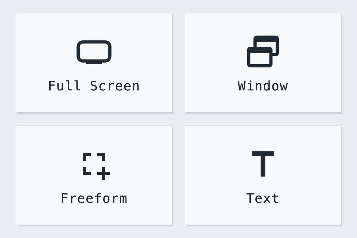 The four capture modes: Full Screen, Window, Freeform and Text.