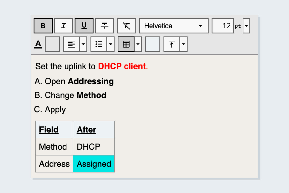 A caption with bold, colored text, a lettered list and a table with a highlighted cell.